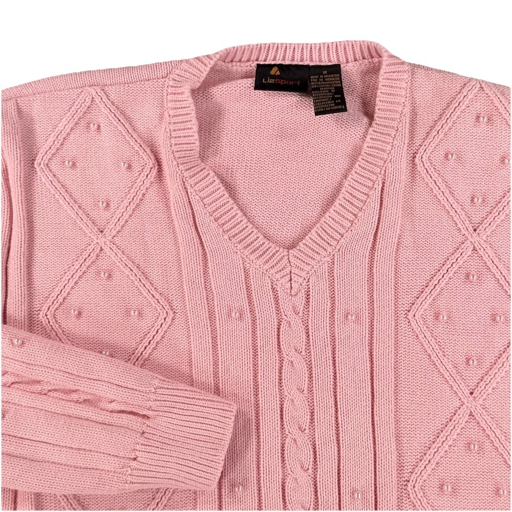 Vintage Liz‎ Sport Floral Pink Pearls Cable Knit Sweater Cottage Core Sweater M